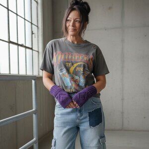 Purple Handmade Valentines Ajour Knit Fingerless Texting Gloves Mittens